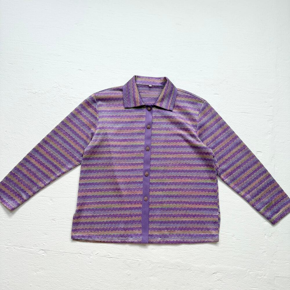 Purple Zigzag Metallic Stripe Knit Button Up Rhinestone Collar, Size XL